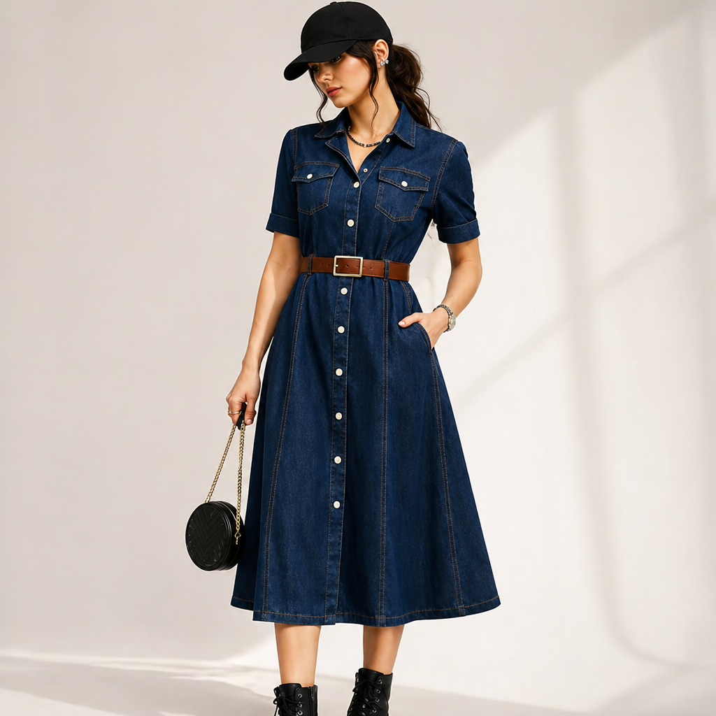 Amazing Indigo Belt Denim Dress worn by a model. Buy the best clothes from Thirtieth .in