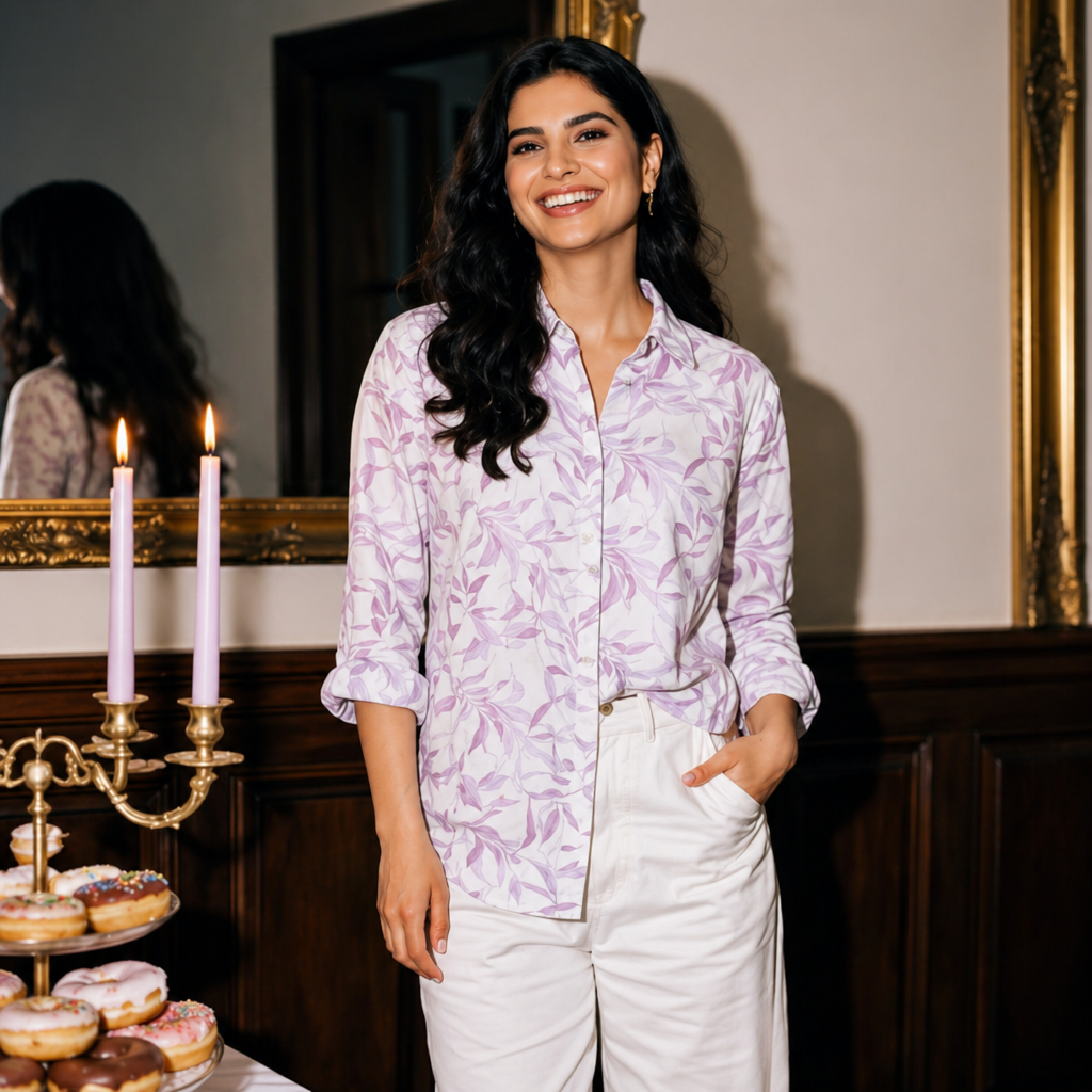 Amazing Lilac Leaf Cotton Shirt worn by a model. Buy the best clothes from Thirtieth .in