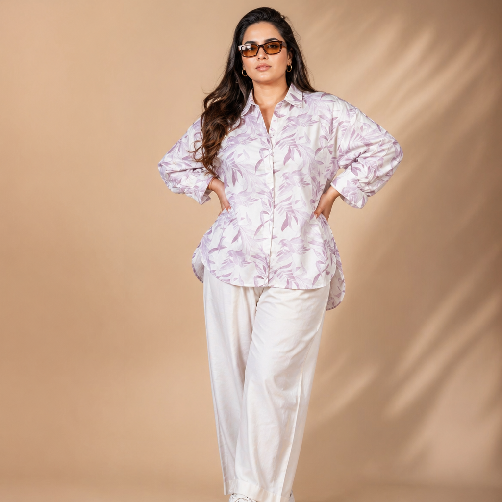 Amazing Lilac Leaf Cotton Shirt worn by a model. Buy the best clothes from Thirtieth .in