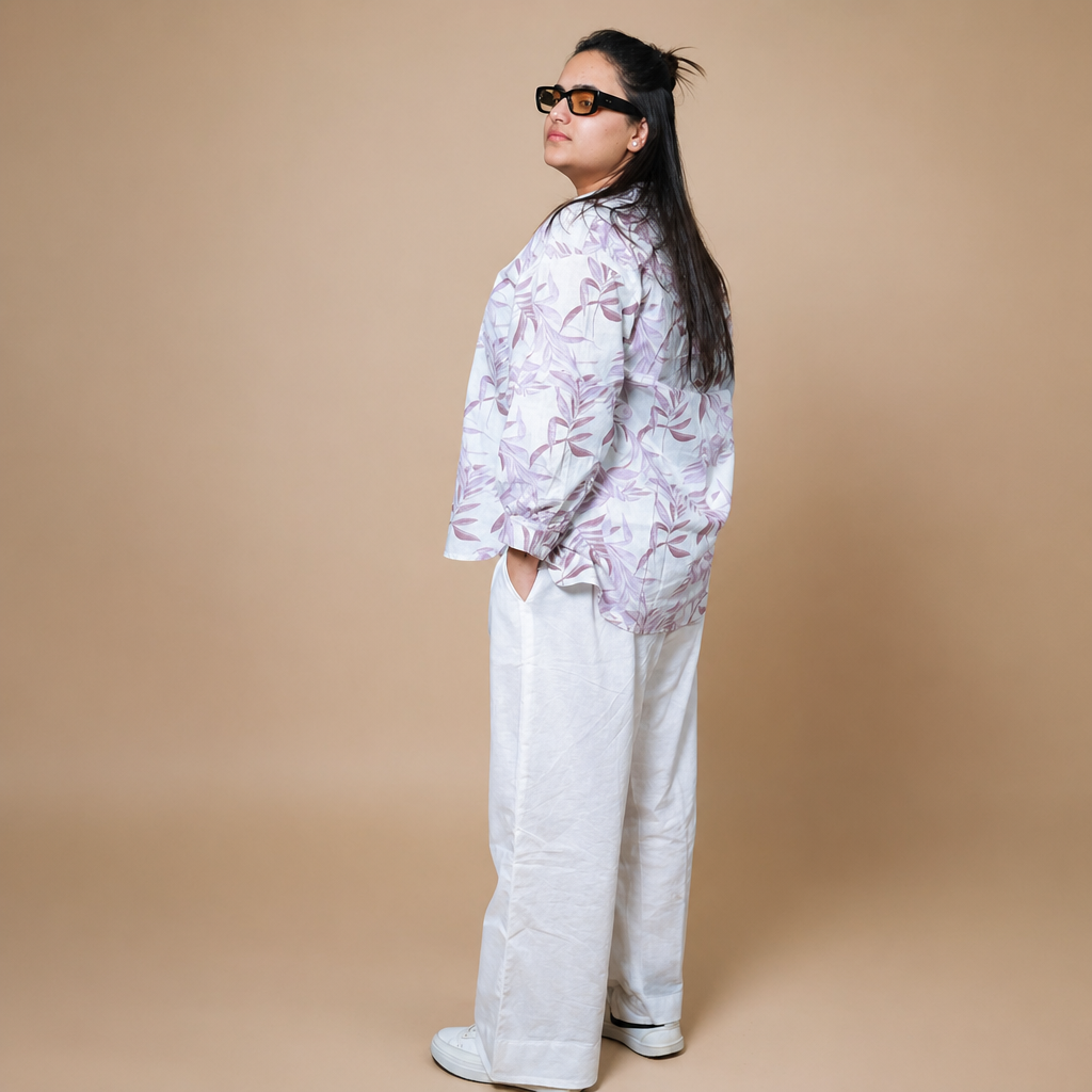 Amazing Lilac Leaf Cotton Shirt worn by a model. Buy the best clothes from Thirtieth .in