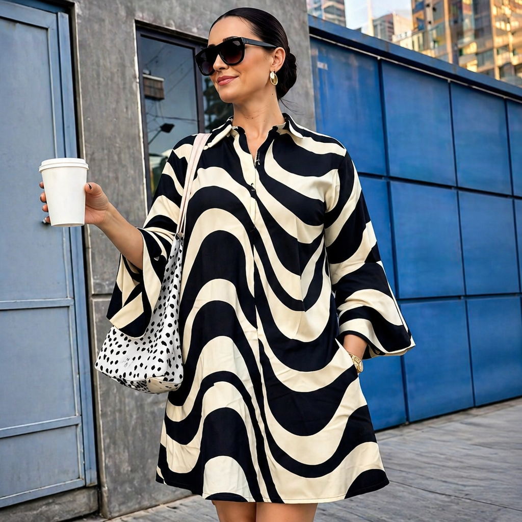 Amazing Monochrome Ripple Shirt Dress worn by a model. Buy the best clothes from Thirtieth .in
