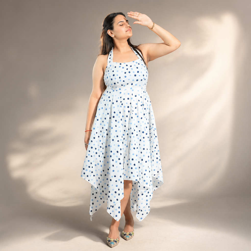 Amazing Polka Dot Asymmetrical Dress worn by a model. Buy the best clothes from Thirtieth .in