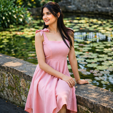 Amazing Rosy Drape Asymmetrical Dress worn by a model. Buy the best clothes from Thirtieth .in