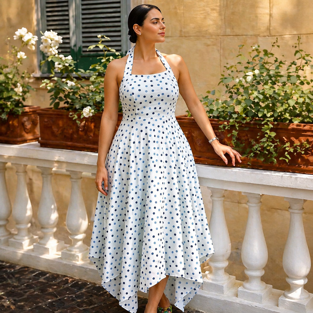 Amazing Polka Dot Asymmetrical Dress worn by a model. Buy the best clothes from Thirtieth .in