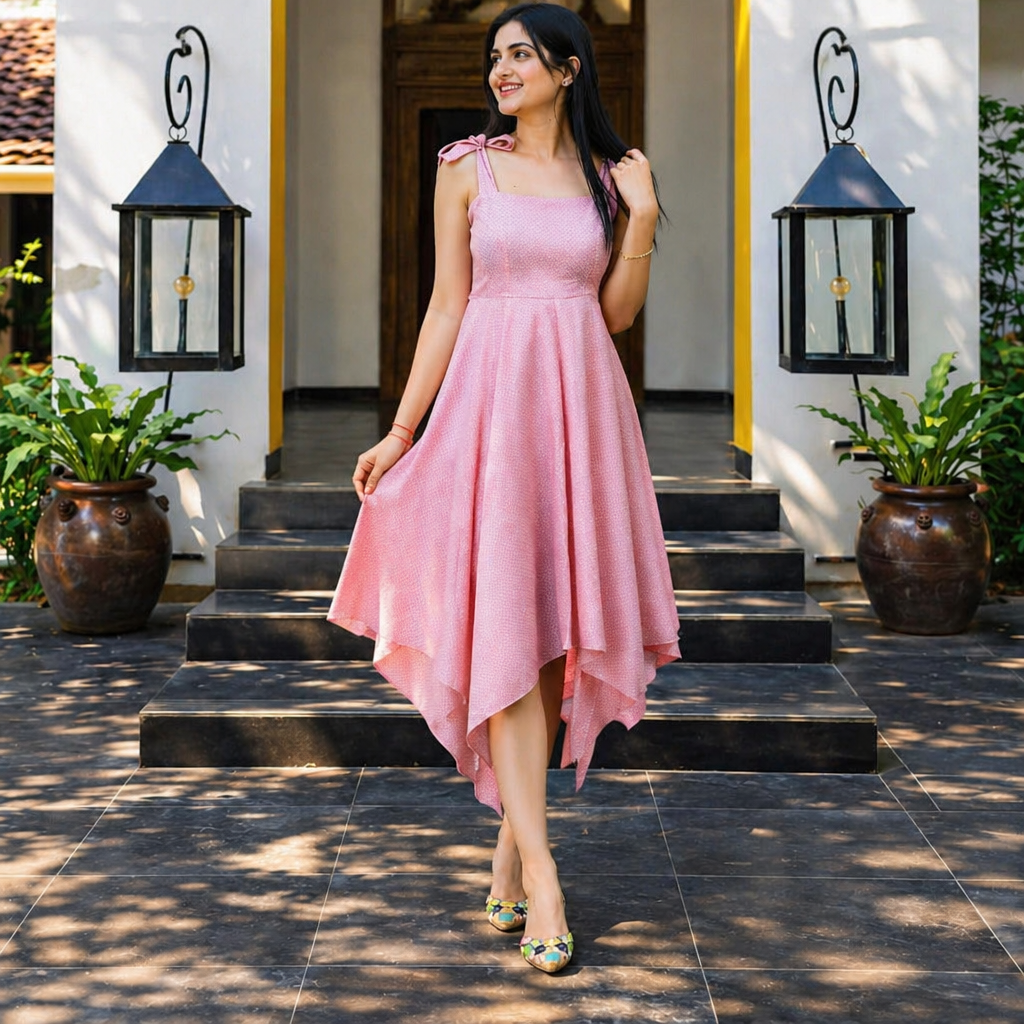 Amazing Rosy Drape Asymmetrical Dress worn by a model. Buy the best clothes from Thirtieth .in