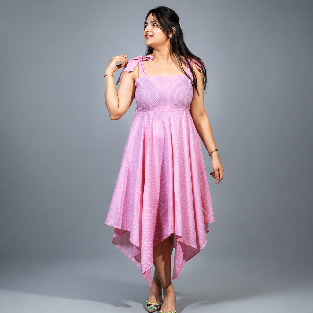 Amazing Rosy Drape Asymmetrical Dress worn by a model. Buy the best clothes from Thirtieth .in