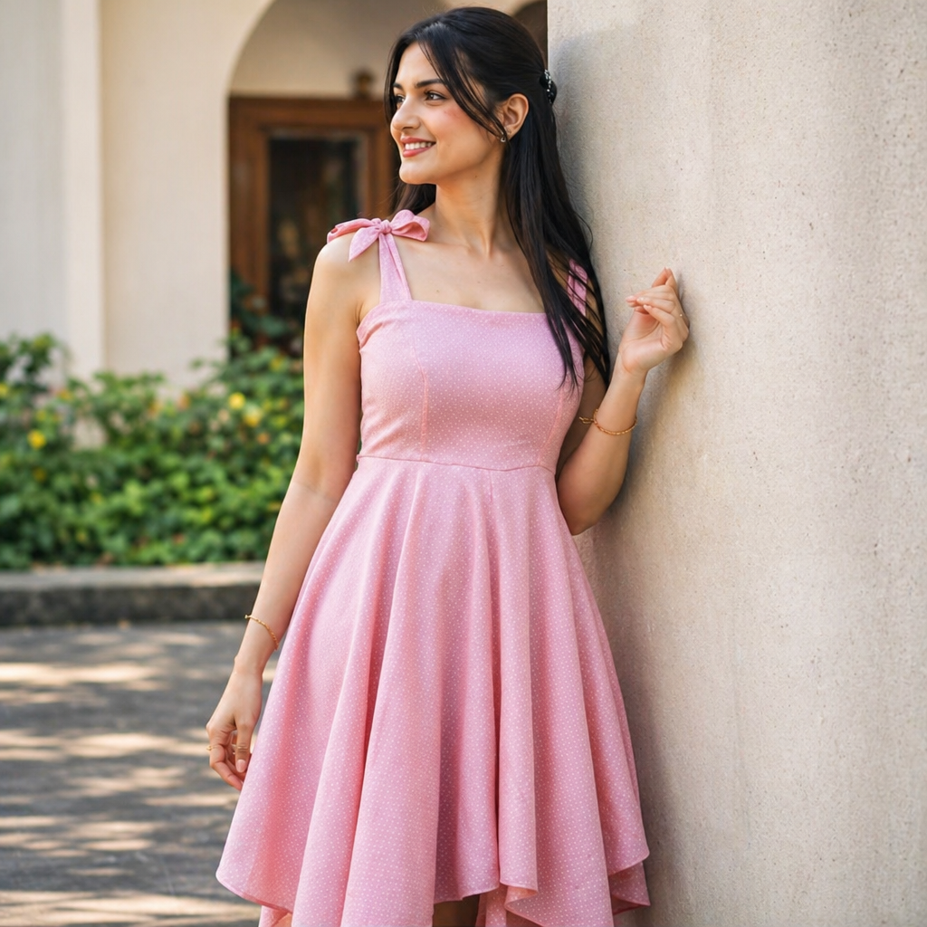 Amazing Rosy Drape Asymmetrical Dress worn by a model. Buy the best clothes from Thirtieth .in