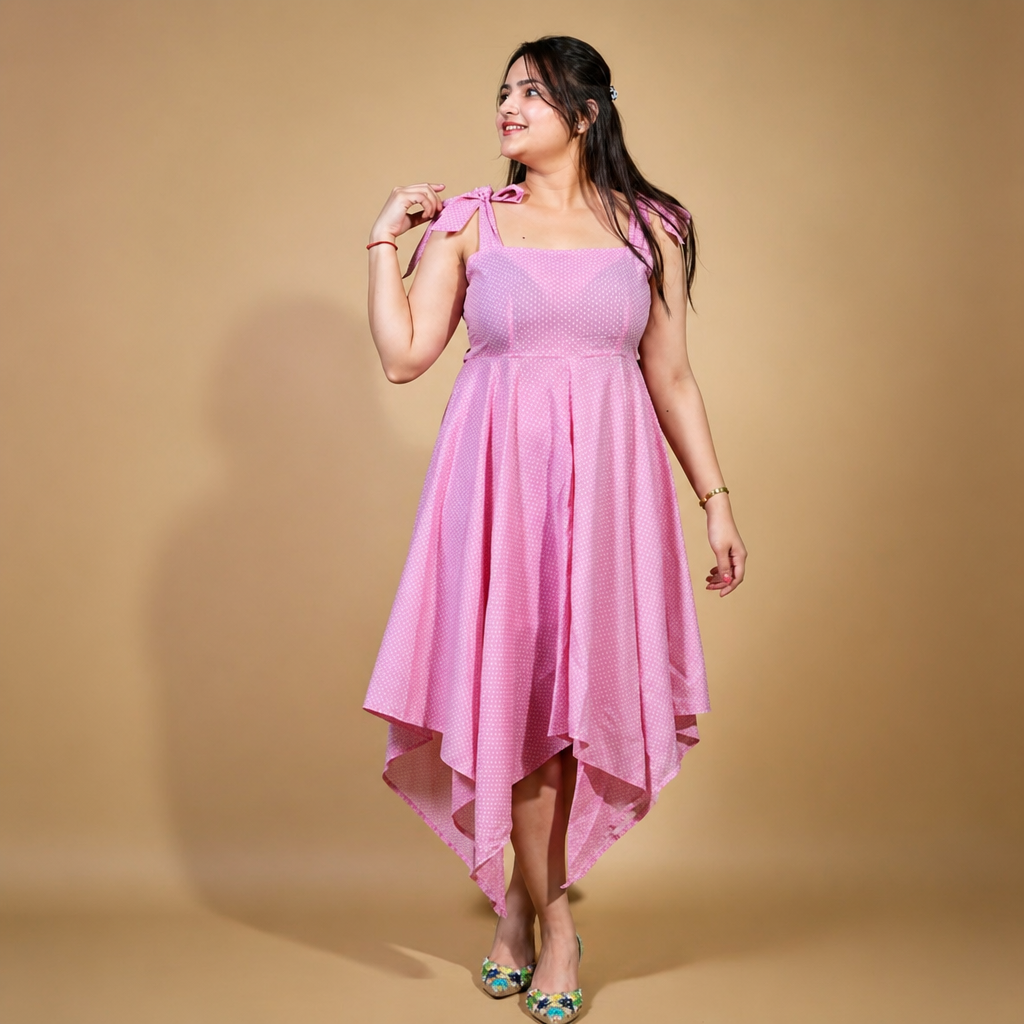 Amazing Rosy Drape Asymmetrical Dress worn by a model. Buy the best clothes from Thirtieth .in