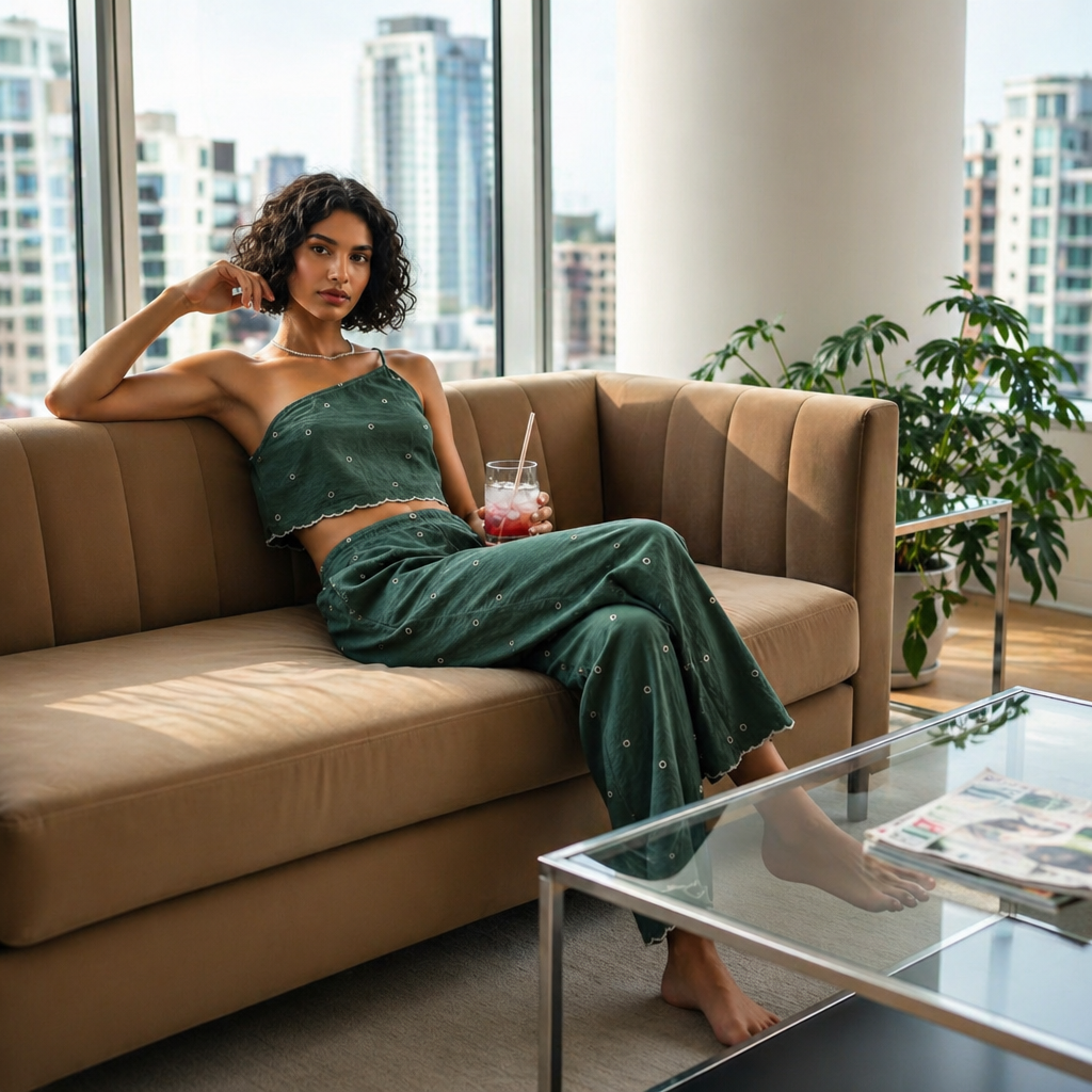 Amazing Sage Matcha Set worn by a model. Buy the best clothes from Thirtieth .in