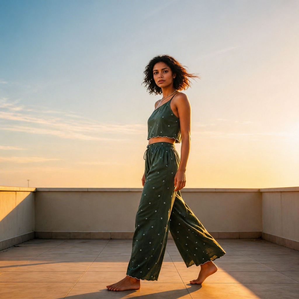 Amazing Sage Matcha Set worn by a model. Buy the best clothes from Thirtieth .in