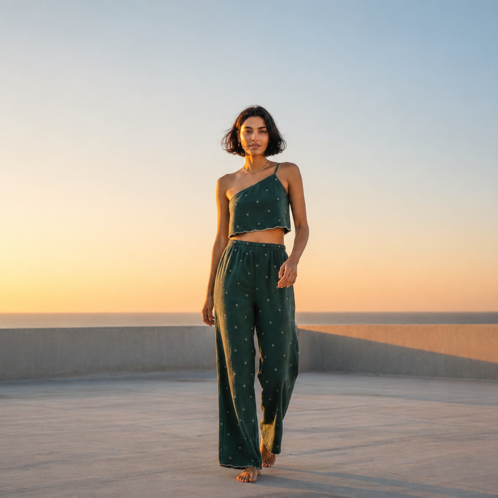 Amazing Sage Matcha Set worn by a model. Buy the best clothes from Thirtieth .in