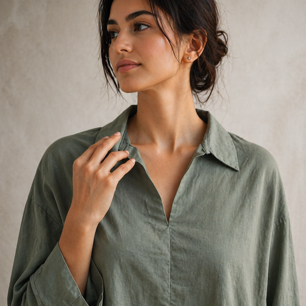 Amazing Sage Mist Relaxed Cotton Shirt Dress worn by a model. Buy the best clothes from Thirtieth .in