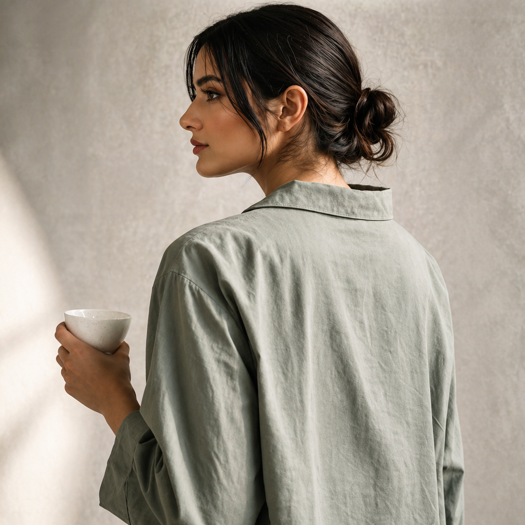 Amazing Sage Mist Relaxed Cotton Shirt Dress worn by a model. Buy the best clothes from Thirtieth .in