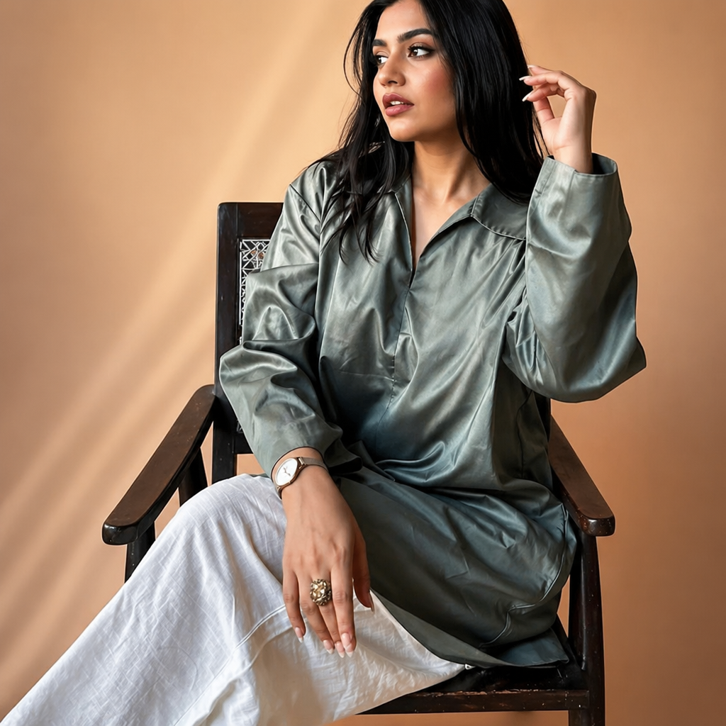 Amazing Sage Mist Relaxed Cotton Shirt Dress worn by a model. Buy the best clothes from Thirtieth .in