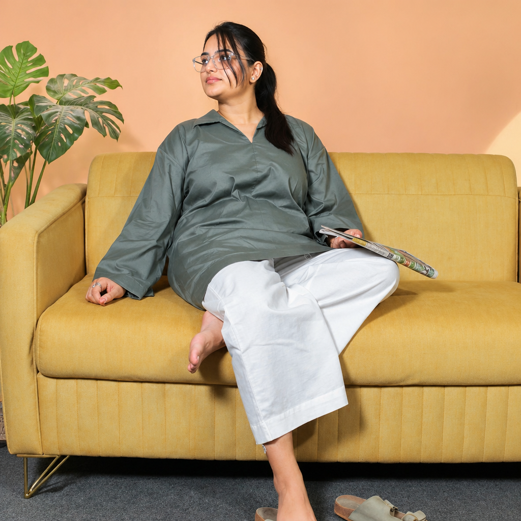 Amazing Sage Mist Relaxed Cotton Shirt Dress worn by a model. Buy the best clothes from Thirtieth .in