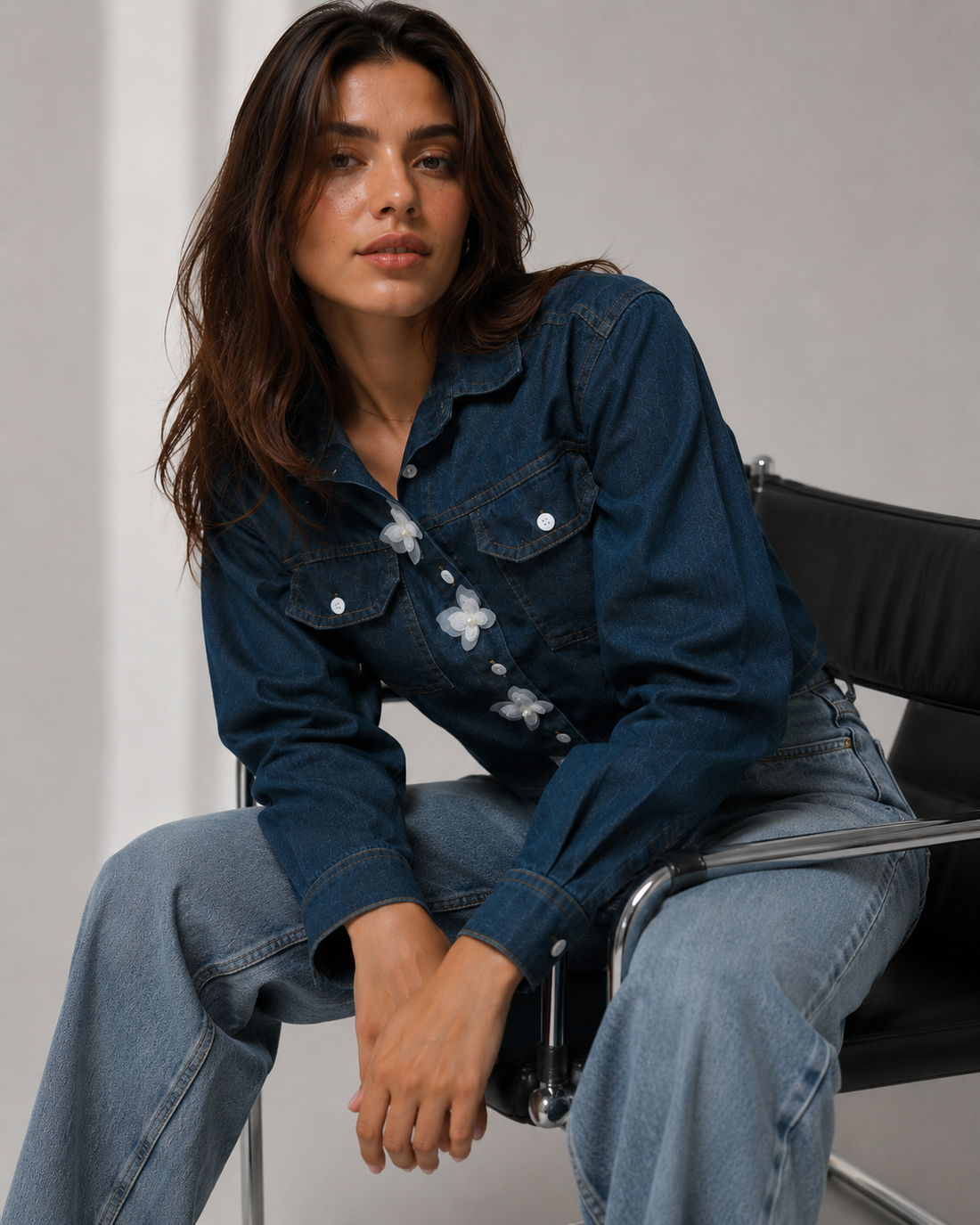 Amazing Flutter Denim Overshirt worn by a model. Buy the best clothes from Thirtieth .in
