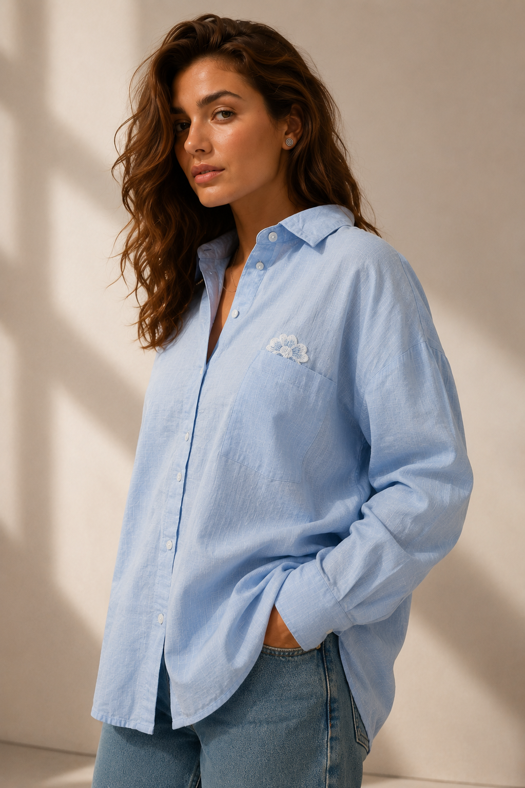 Amazing Sky Daisy Pocket Linen Shirt worn by a model. Buy the best clothes from Thirtieth .in