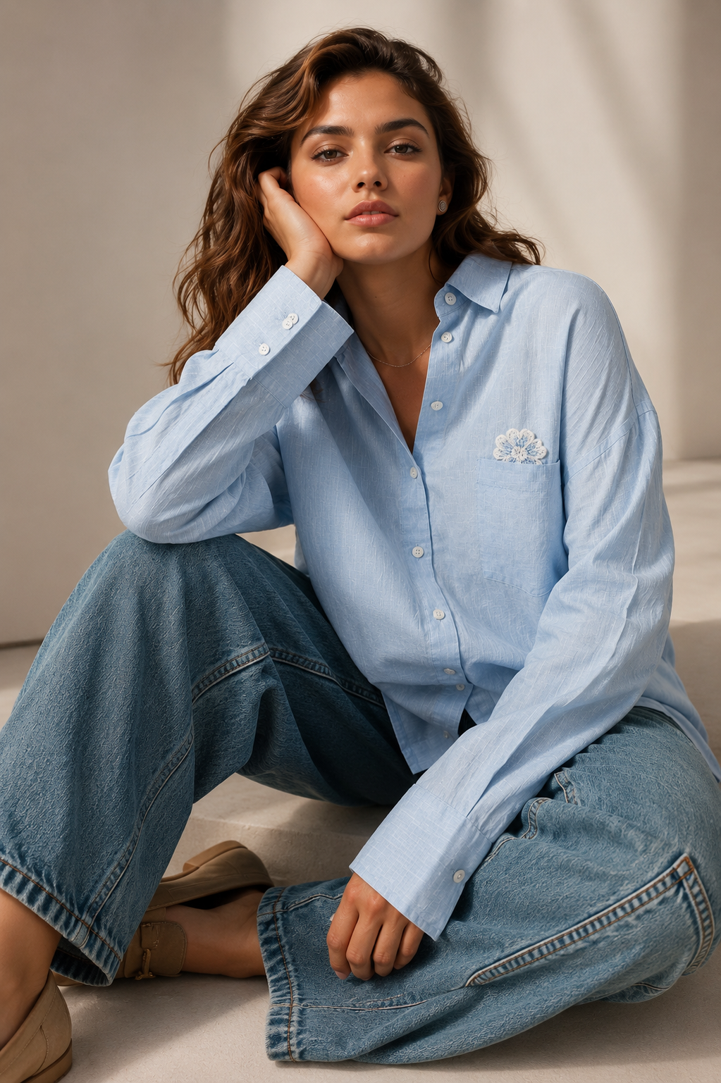 Amazing Sky Daisy Pocket Linen Shirt worn by a model. Buy the best clothes from Thirtieth .in