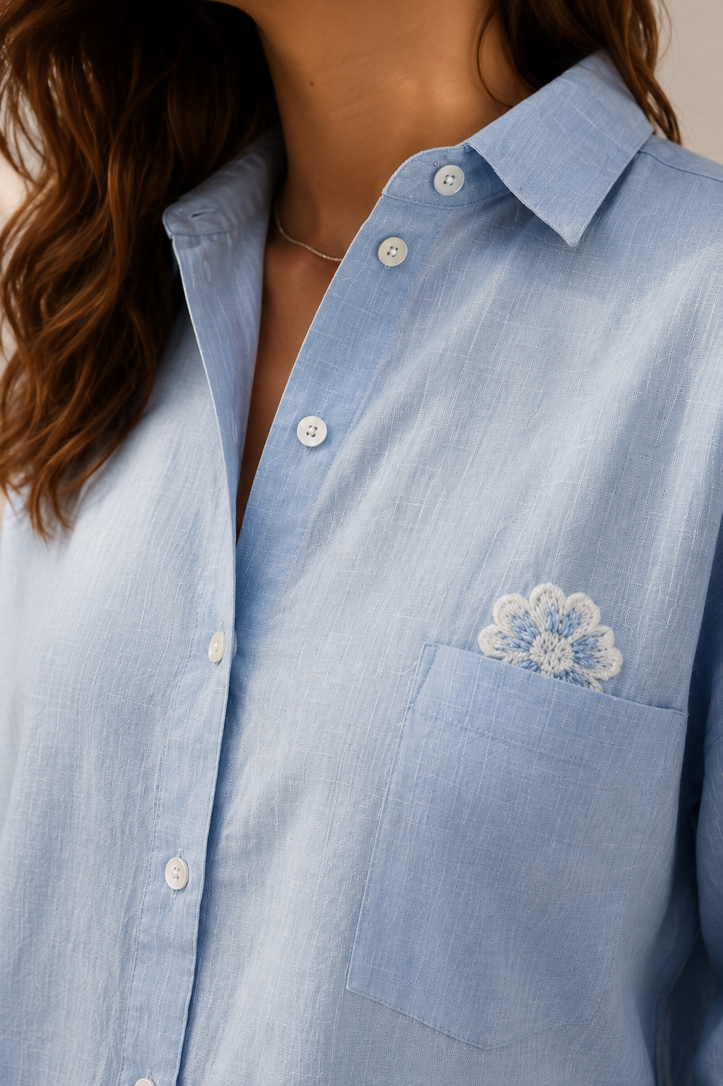 Amazing Sky Daisy Pocket Linen Shirt worn by a model. Buy the best clothes from Thirtieth .in