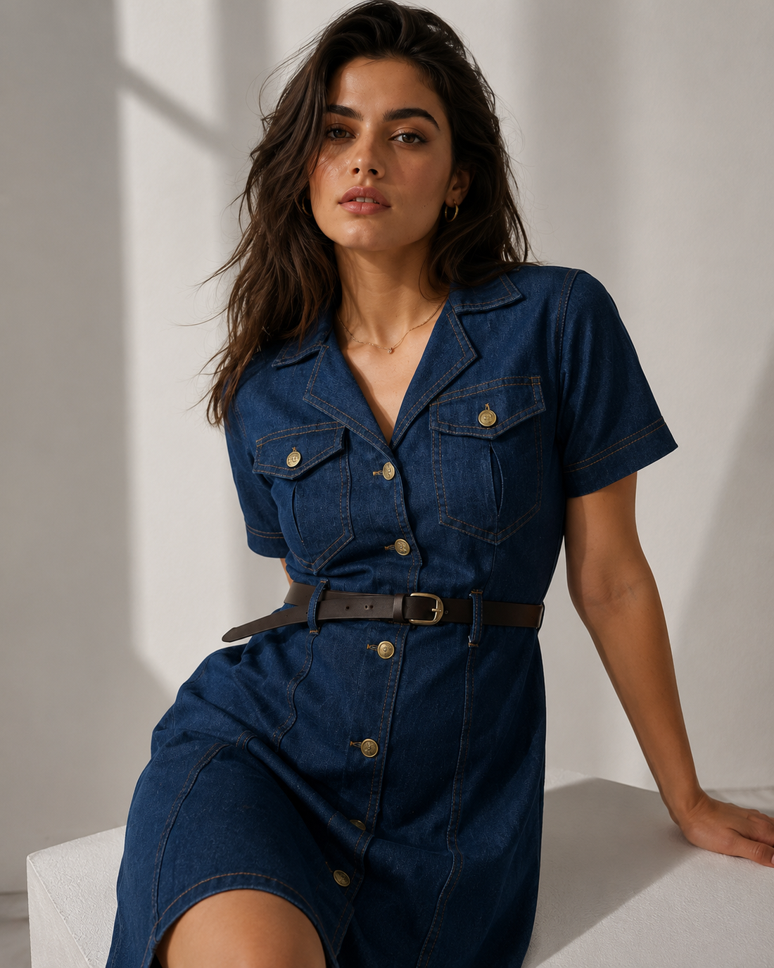 Amazing Indigo Belt Denim Dress worn by a model. Buy the best clothes from Thirtieth .in