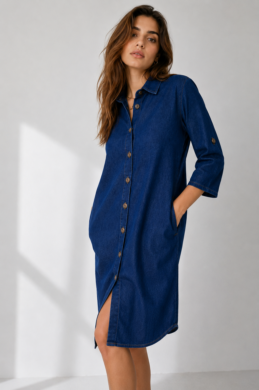 Amazing Indie Blue Midi Denim Dress worn by a model. Buy the best clothes from Thirtieth .in