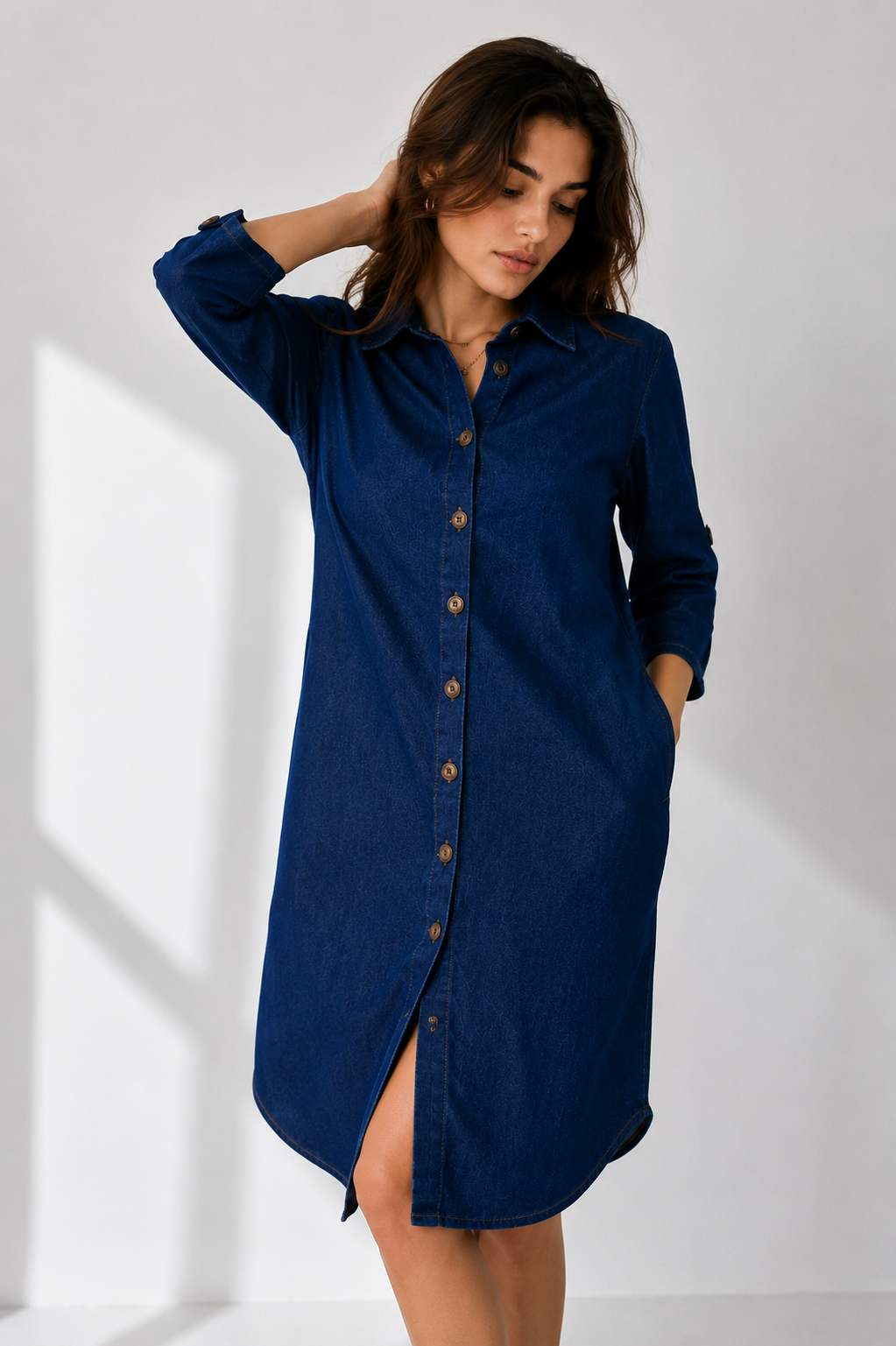 Amazing Indie Blue Midi Denim Dress worn by a model. Buy the best clothes from Thirtieth .in
