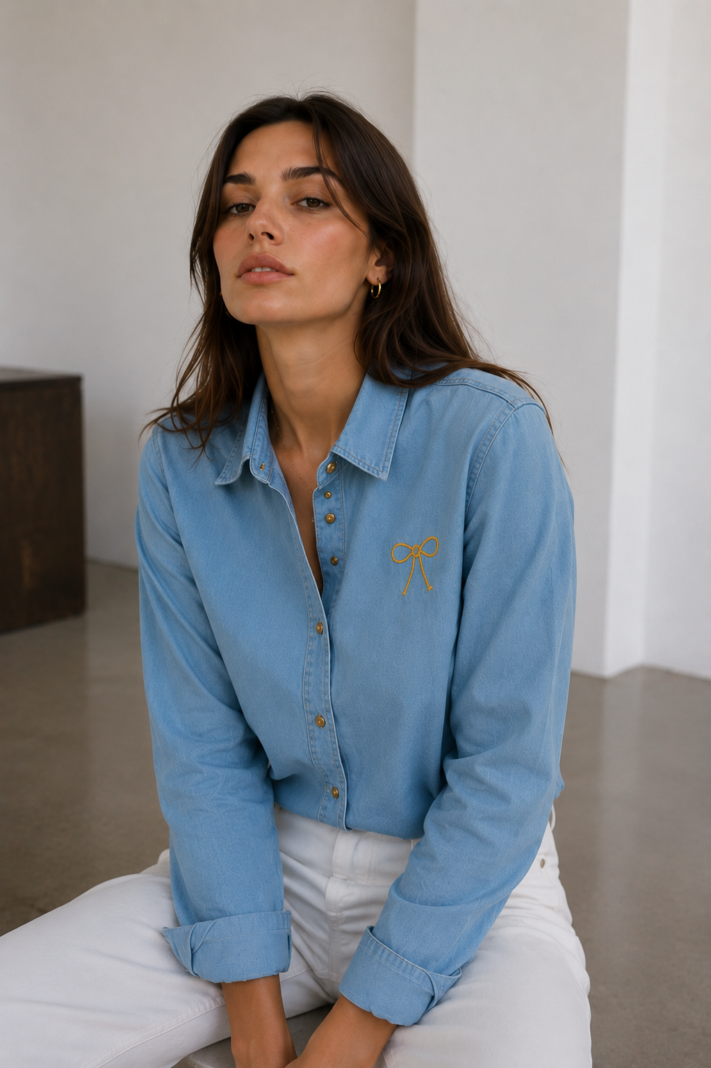Amazing Light Blue Denim Bow Shirt worn by a model. Buy the best clothes from Thirtieth .in