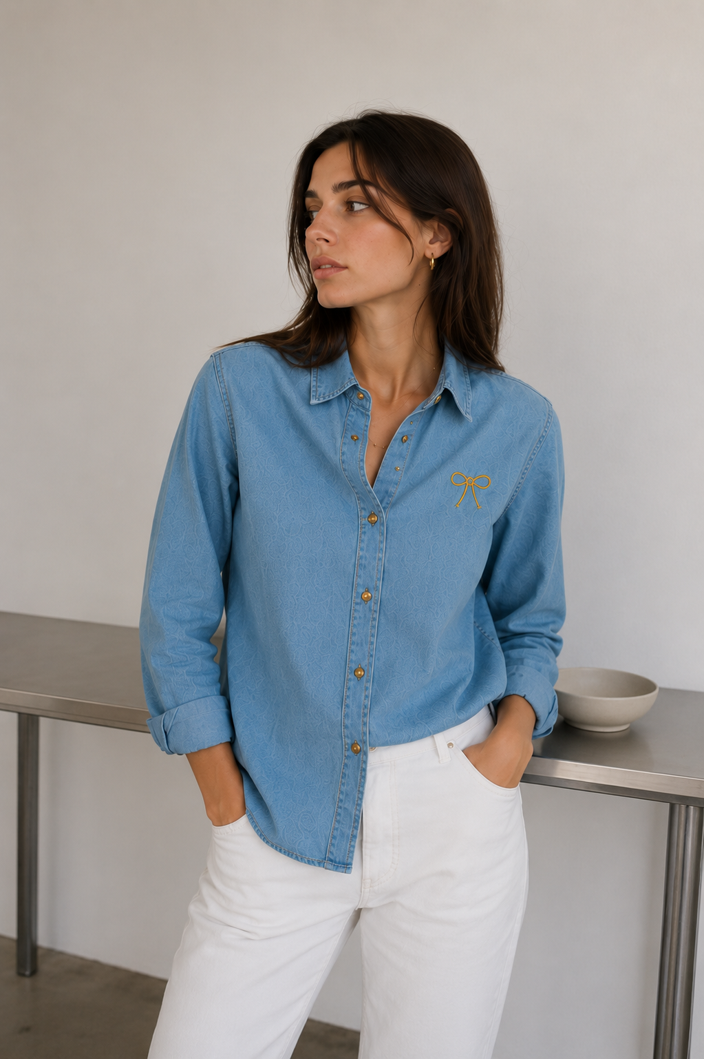 Light Blue Denim Bow Shirt