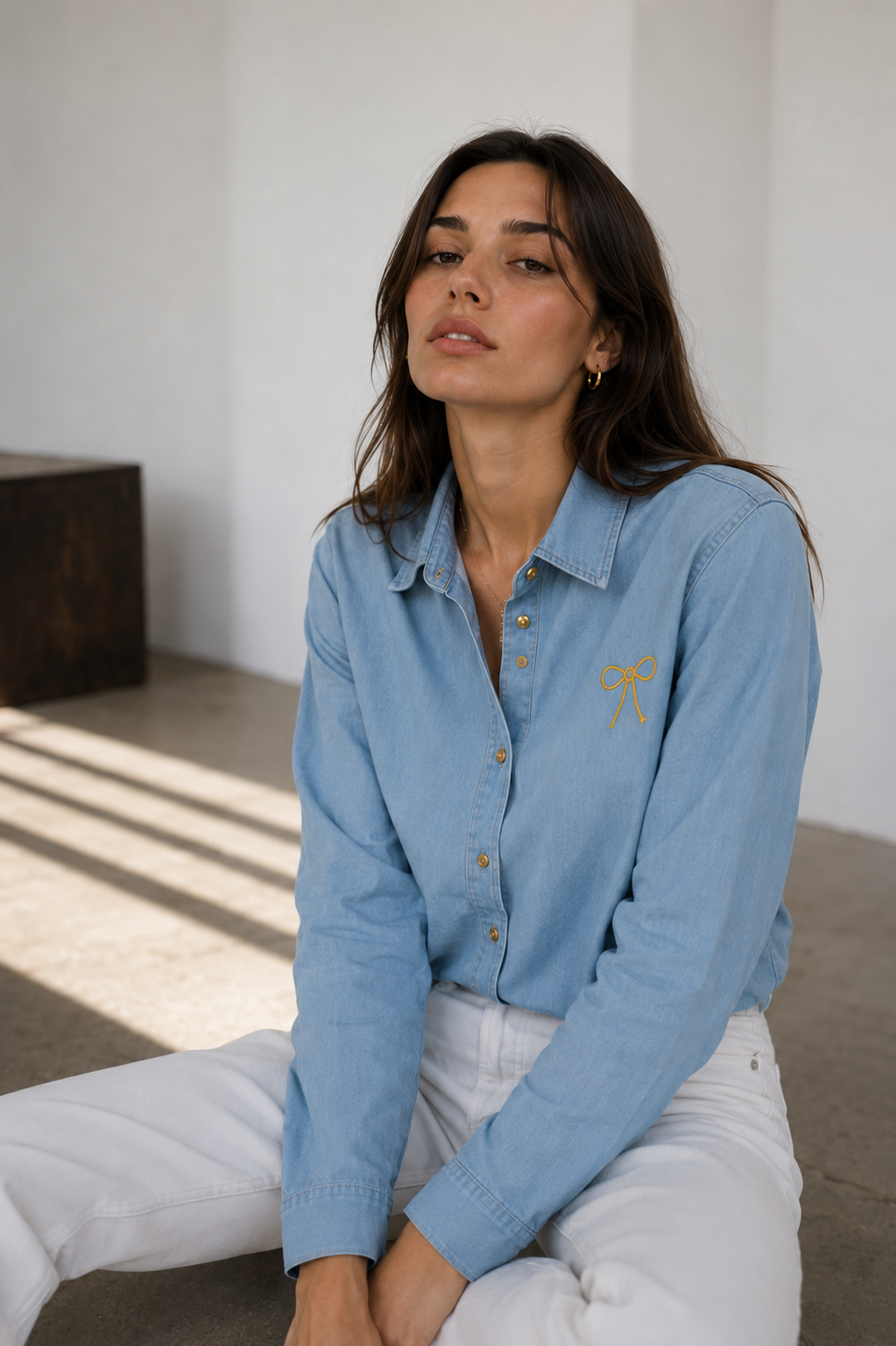 Amazing Light Blue Denim Bow Shirt worn by a model. Buy the best clothes from Thirtieth .in