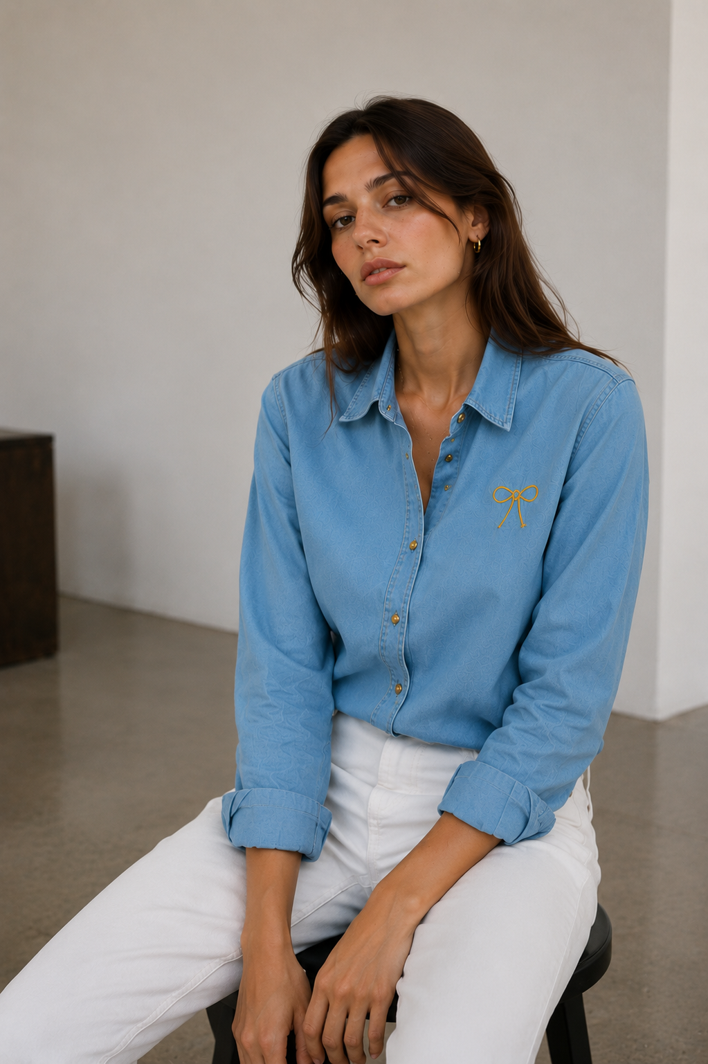 Amazing Light Blue Denim Bow Shirt worn by a model. Buy the best clothes from Thirtieth .in