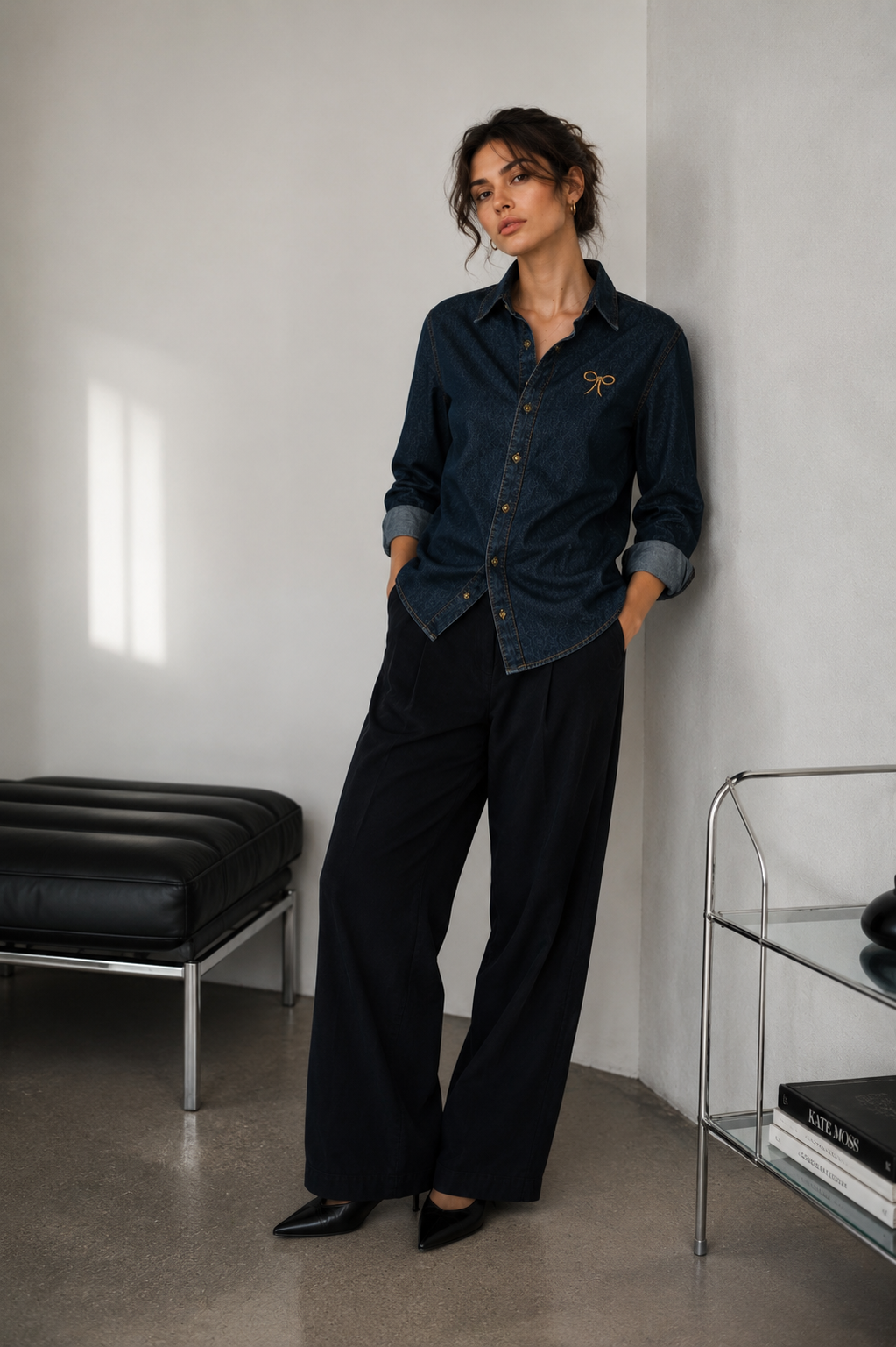 Charcoal Black Denim Bow Shirt