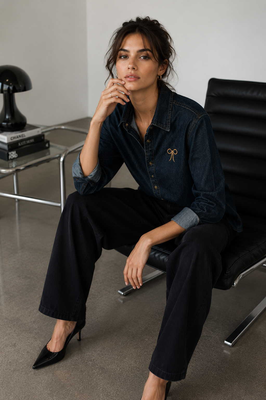 Charcoal Black Denim Bow Shirt