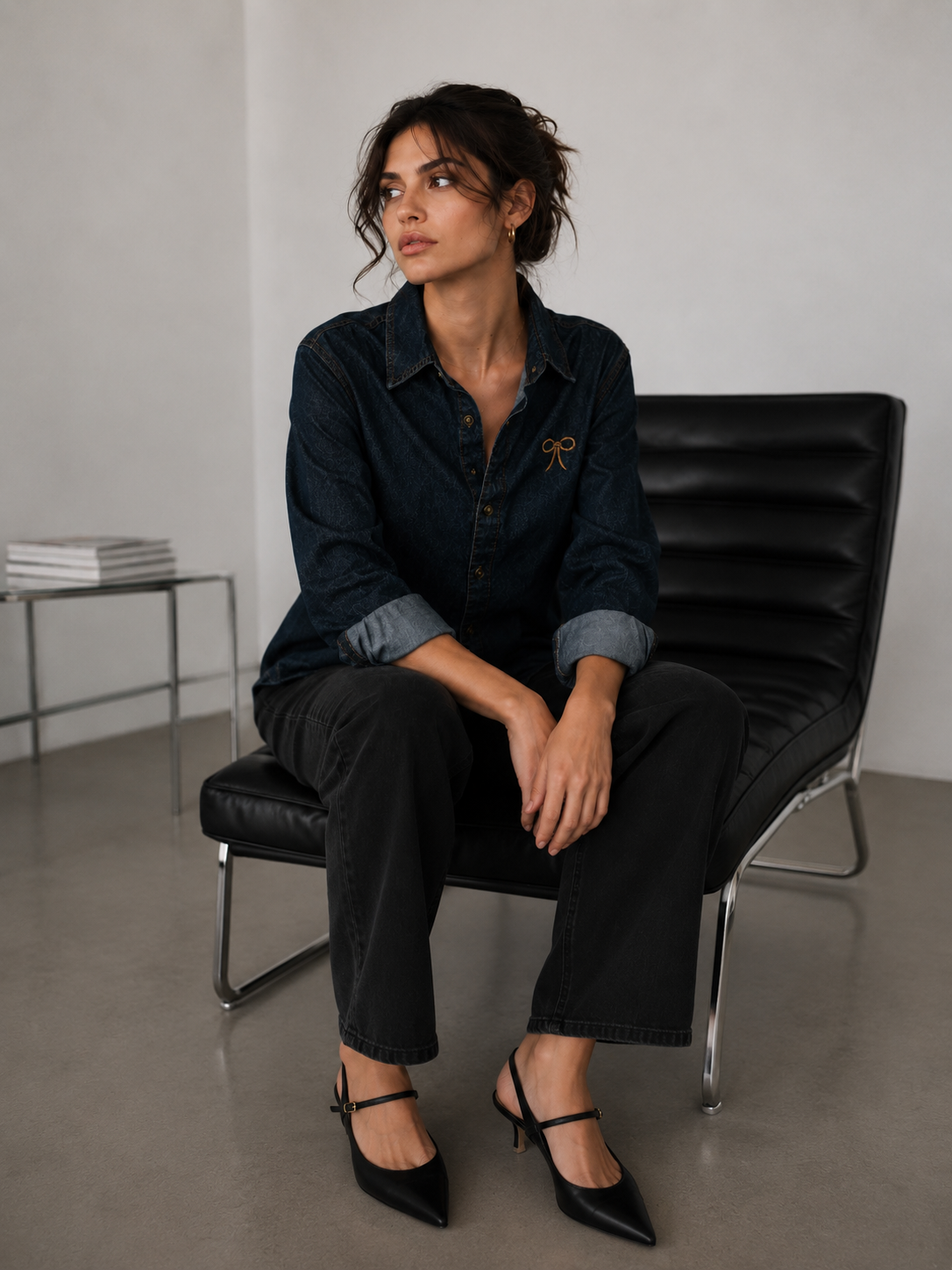Amazing Charcoal Black Denim Bow Shirt worn by a model. Buy the best clothes from Thirtieth .in