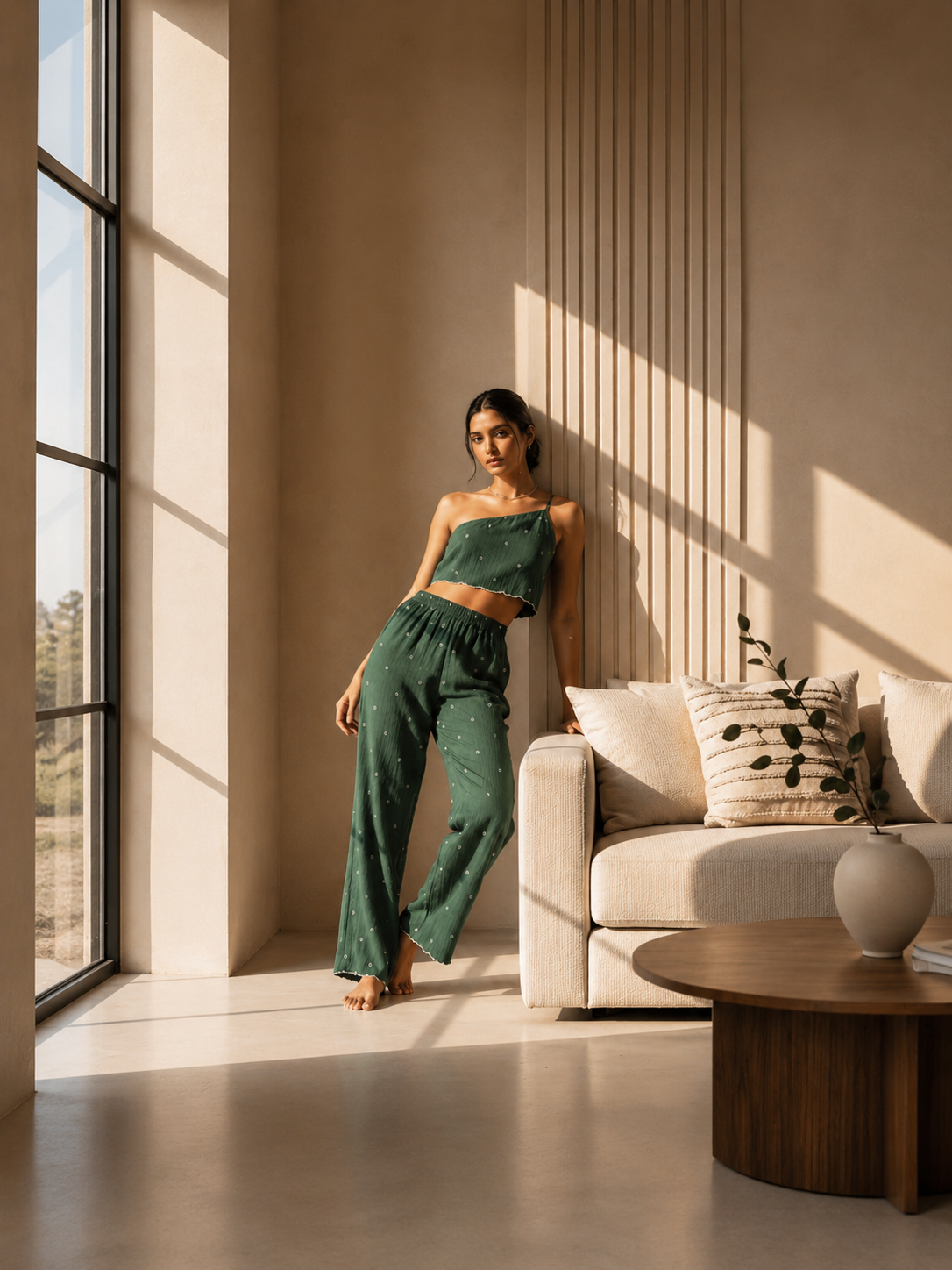 Amazing Sage Matcha Set worn by a model. Buy the best clothes from Thirtieth .in