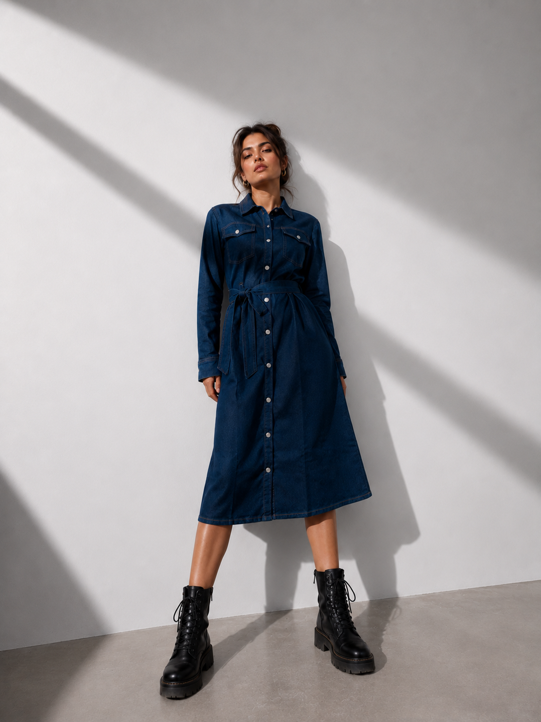 Amazing Midnight Indigo Denim Shirt Dress worn by a model. Buy the best clothes from Thirtieth .in
