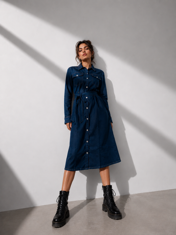 Amazing Midnight Indigo Denim Shirt Dress worn by a model. Buy the best clothes from Thirtieth .in