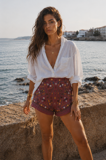 Amazing Rust Ember Embellished Shorts worn by a model. Buy the best clothes from Thirtieth .in