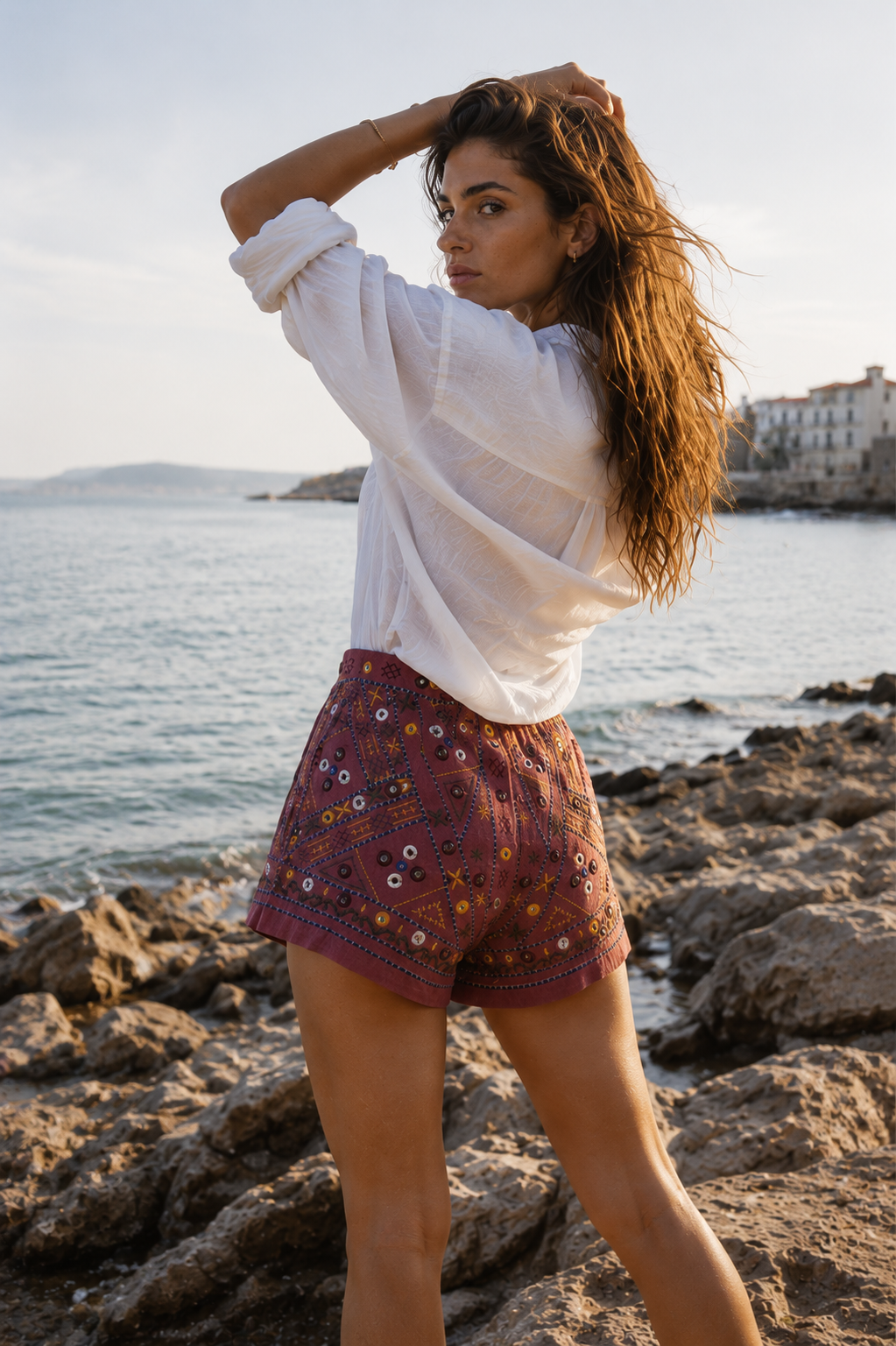 Amazing Rust Ember Embellished Shorts worn by a model. Buy the best clothes from Thirtieth .in
