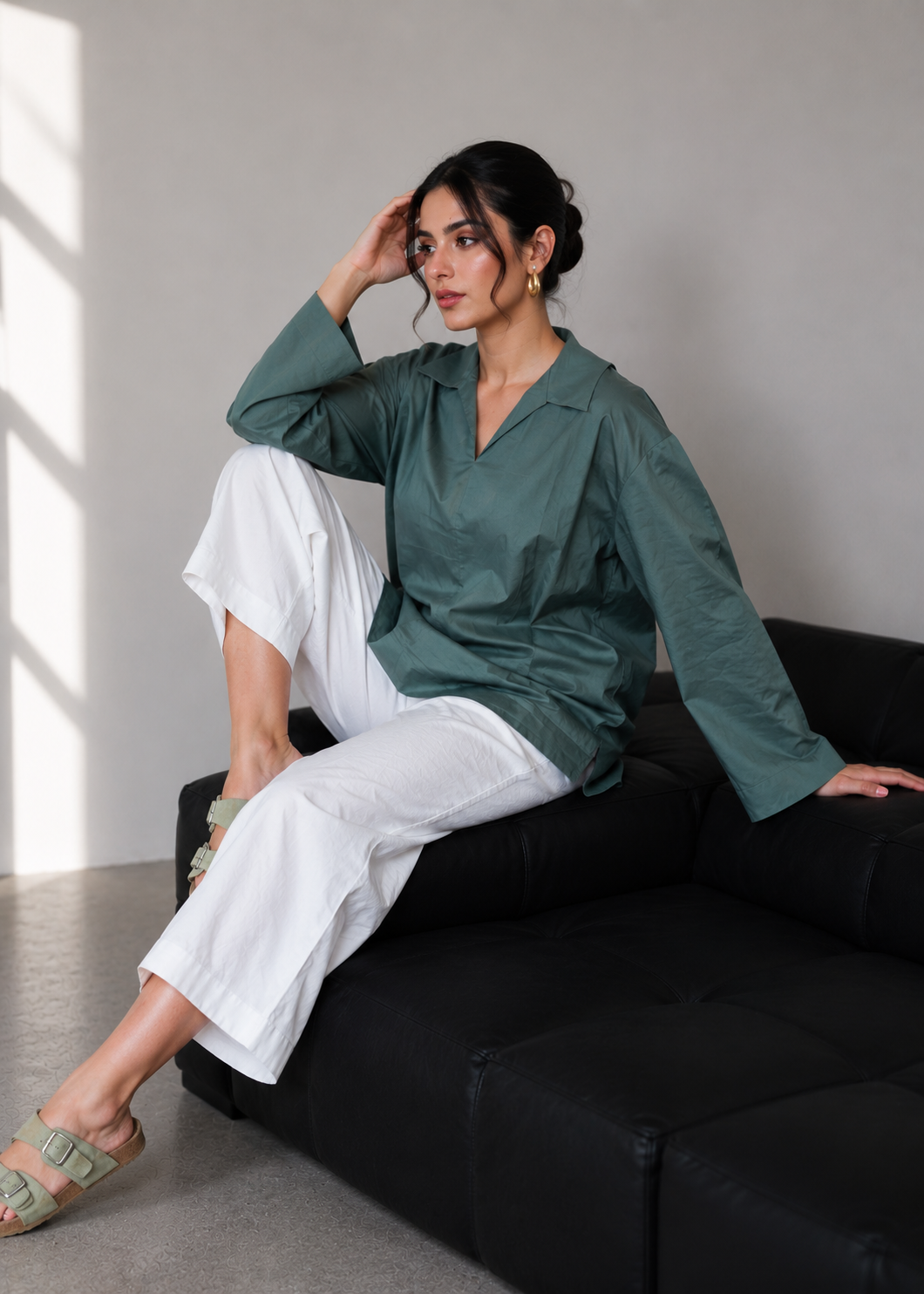 Amazing Sage Mist Relaxed Cotton Shirt Dress worn by a model. Buy the best clothes from Thirtieth .in
