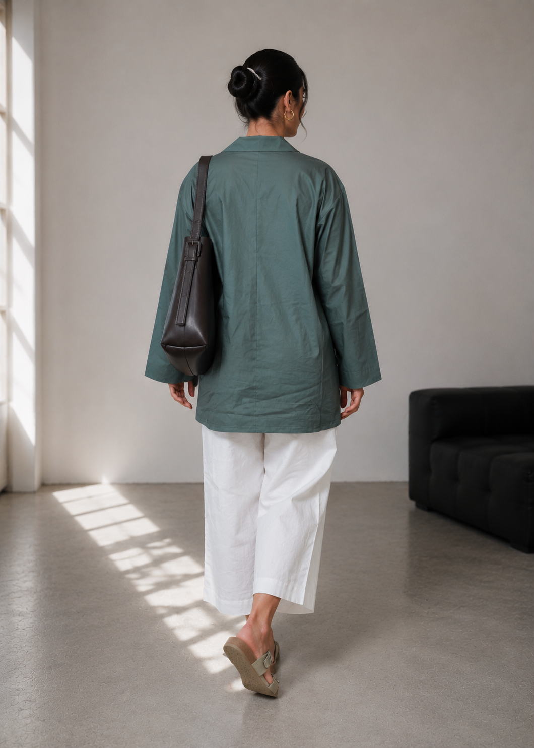 Amazing Sage Mist Relaxed Cotton Shirt Dress worn by a model. Buy the best clothes from Thirtieth .in