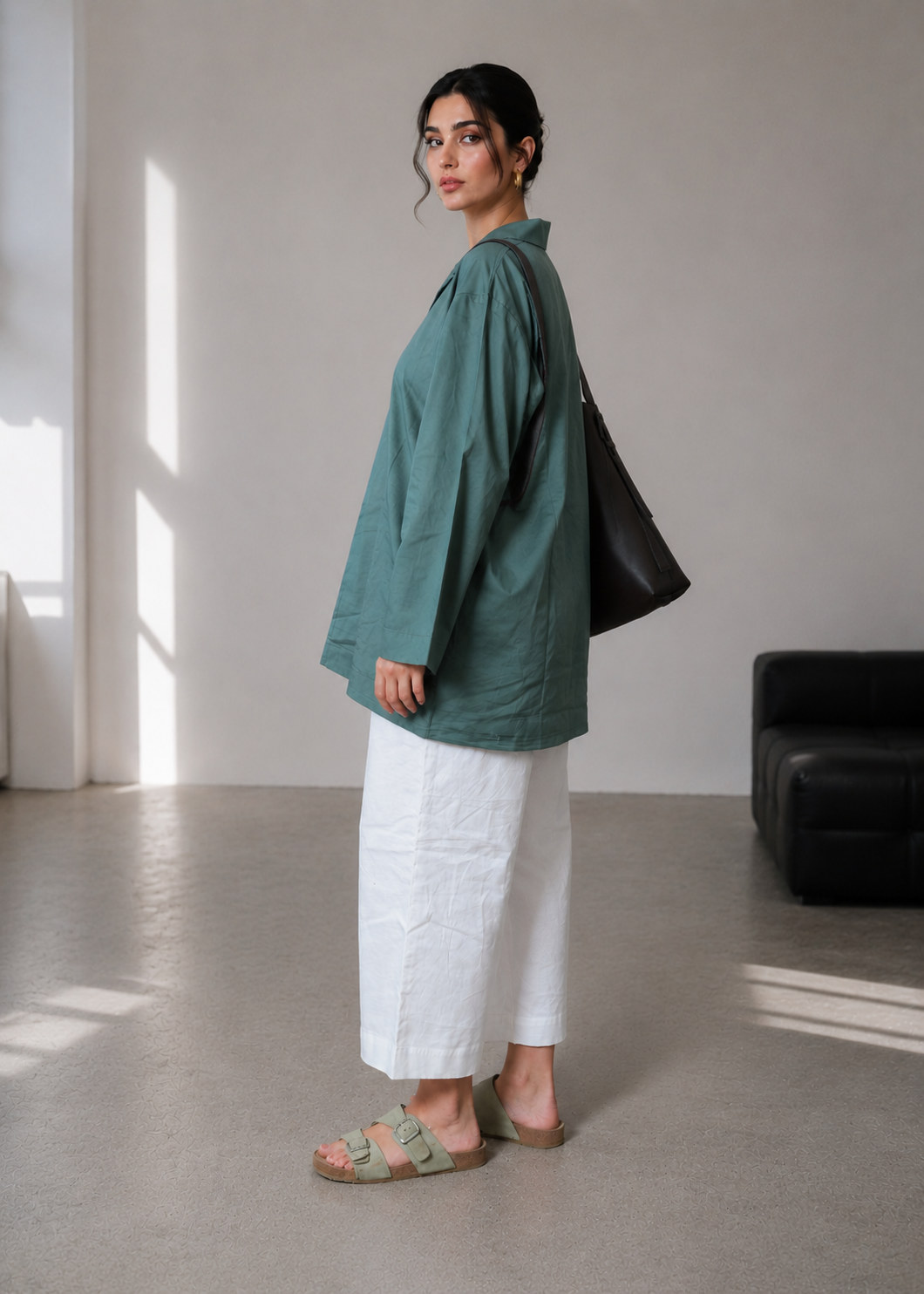 Amazing Sage Mist Relaxed Cotton Shirt Dress worn by a model. Buy the best clothes from Thirtieth .in