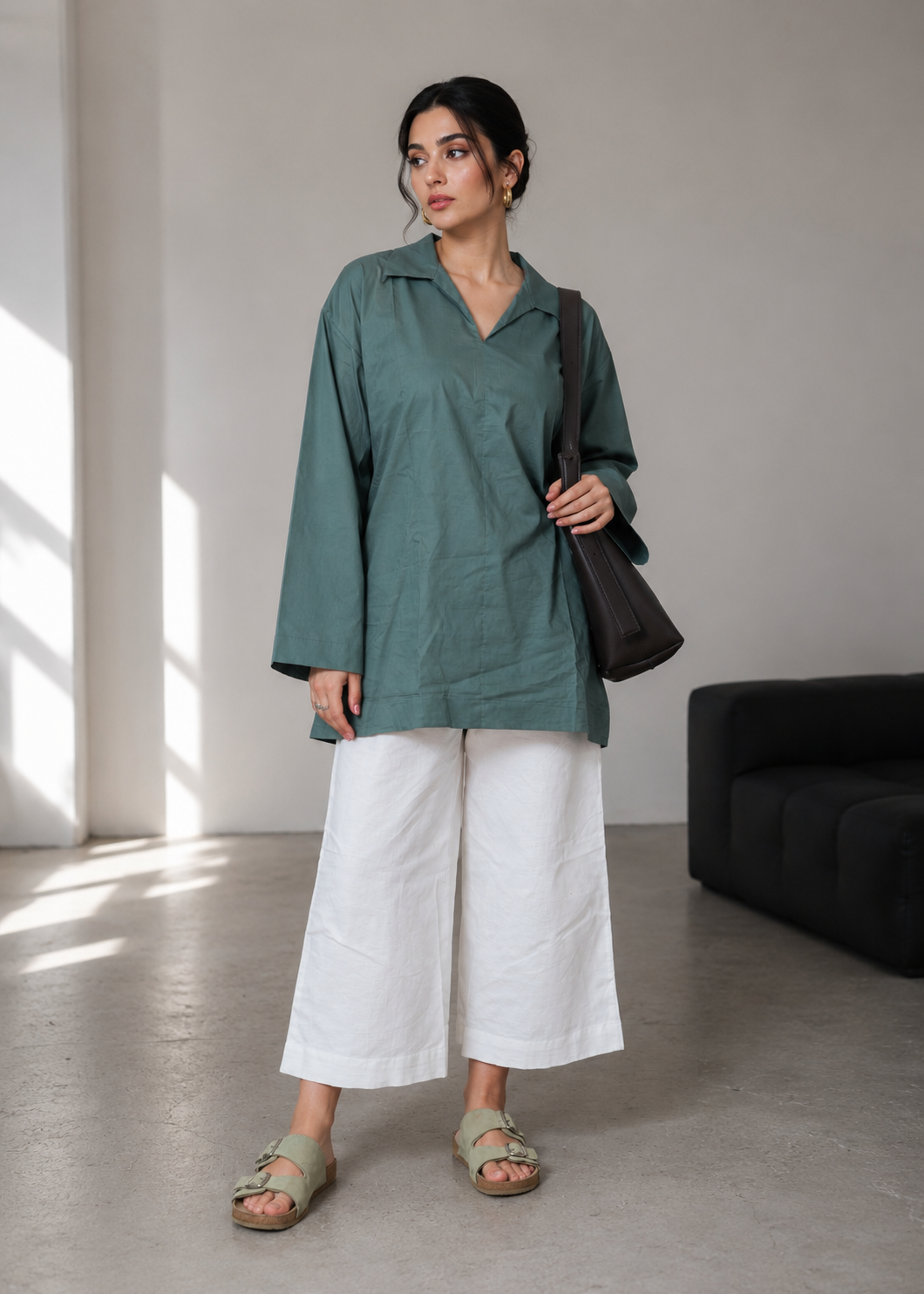 Amazing Sage Mist Relaxed Cotton Shirt Dress worn by a model. Buy the best clothes from Thirtieth .in