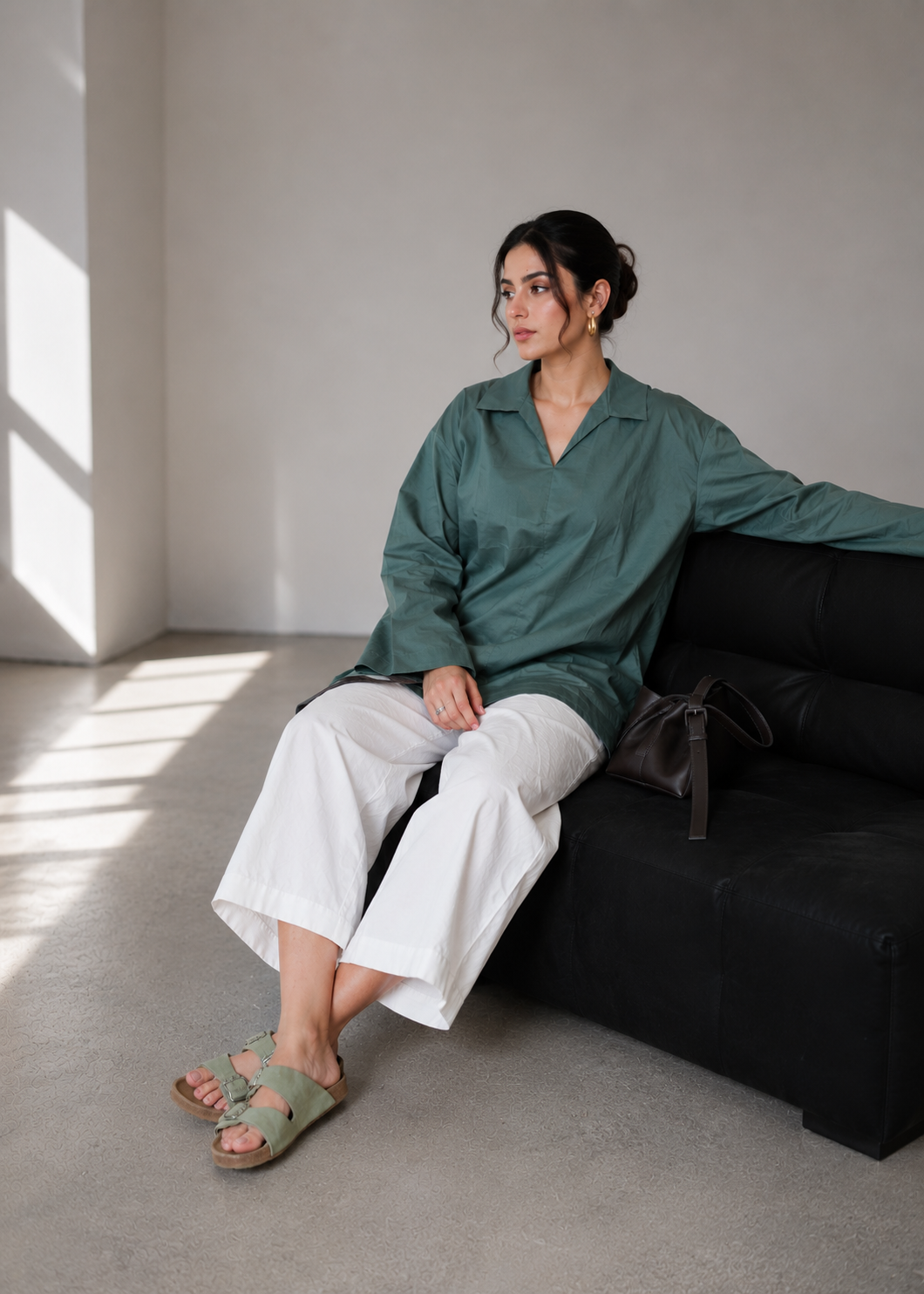 Amazing Sage Mist Relaxed Cotton Shirt Dress worn by a model. Buy the best clothes from Thirtieth .in