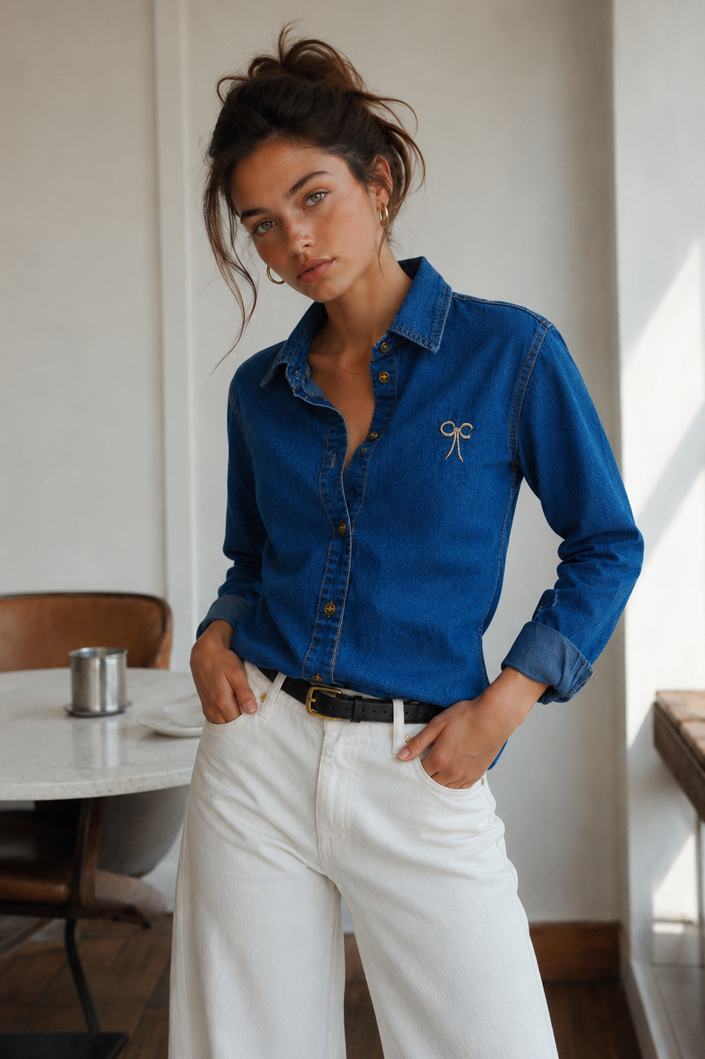 Amazing Blue Denim Bow Shirt worn by a model. Buy the best clothes from Thirtieth .in