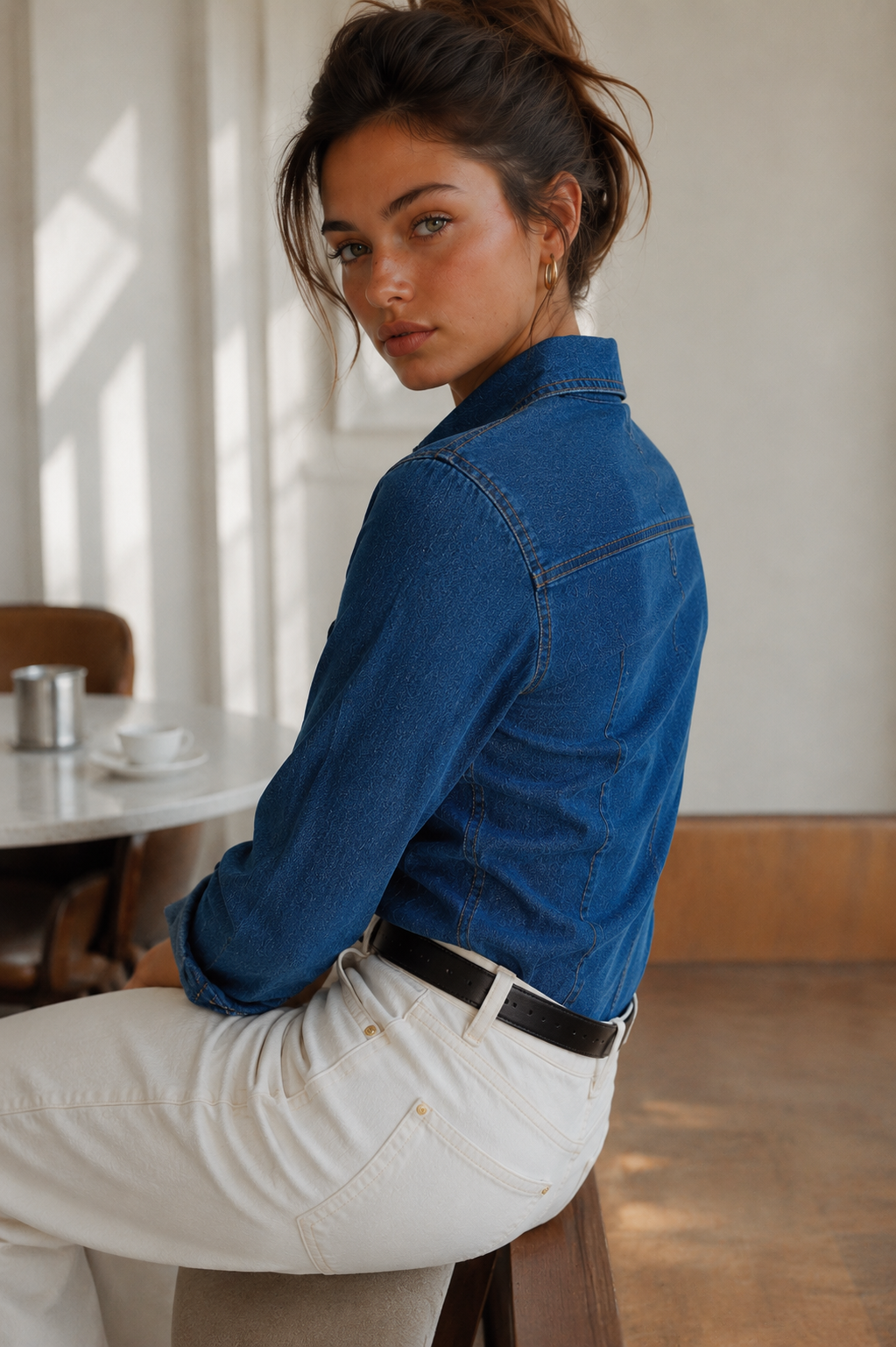 Amazing Blue Denim Bow Shirt worn by a model. Buy the best clothes from Thirtieth .in