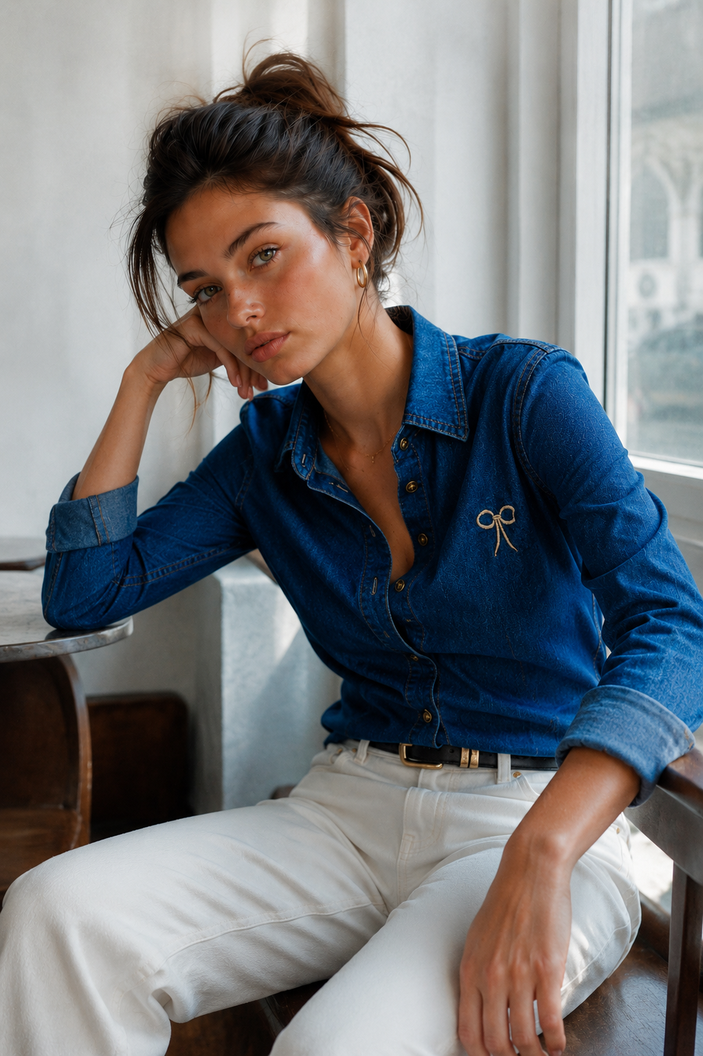 Amazing Blue Denim Bow Shirt worn by a model. Buy the best clothes from Thirtieth .in