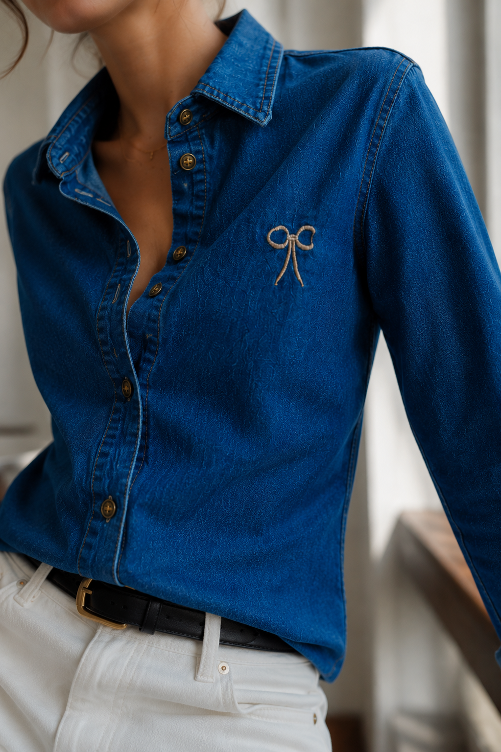 Amazing Blue Denim Bow Shirt worn by a model. Buy the best clothes from Thirtieth .in