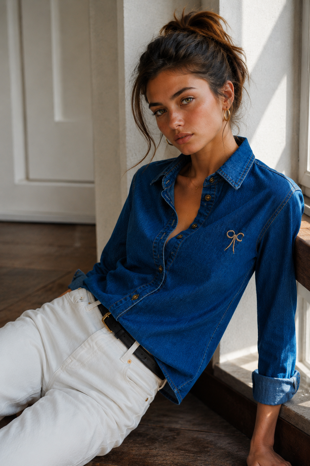 Amazing Blue Denim Bow Shirt worn by a model. Buy the best clothes from Thirtieth .in