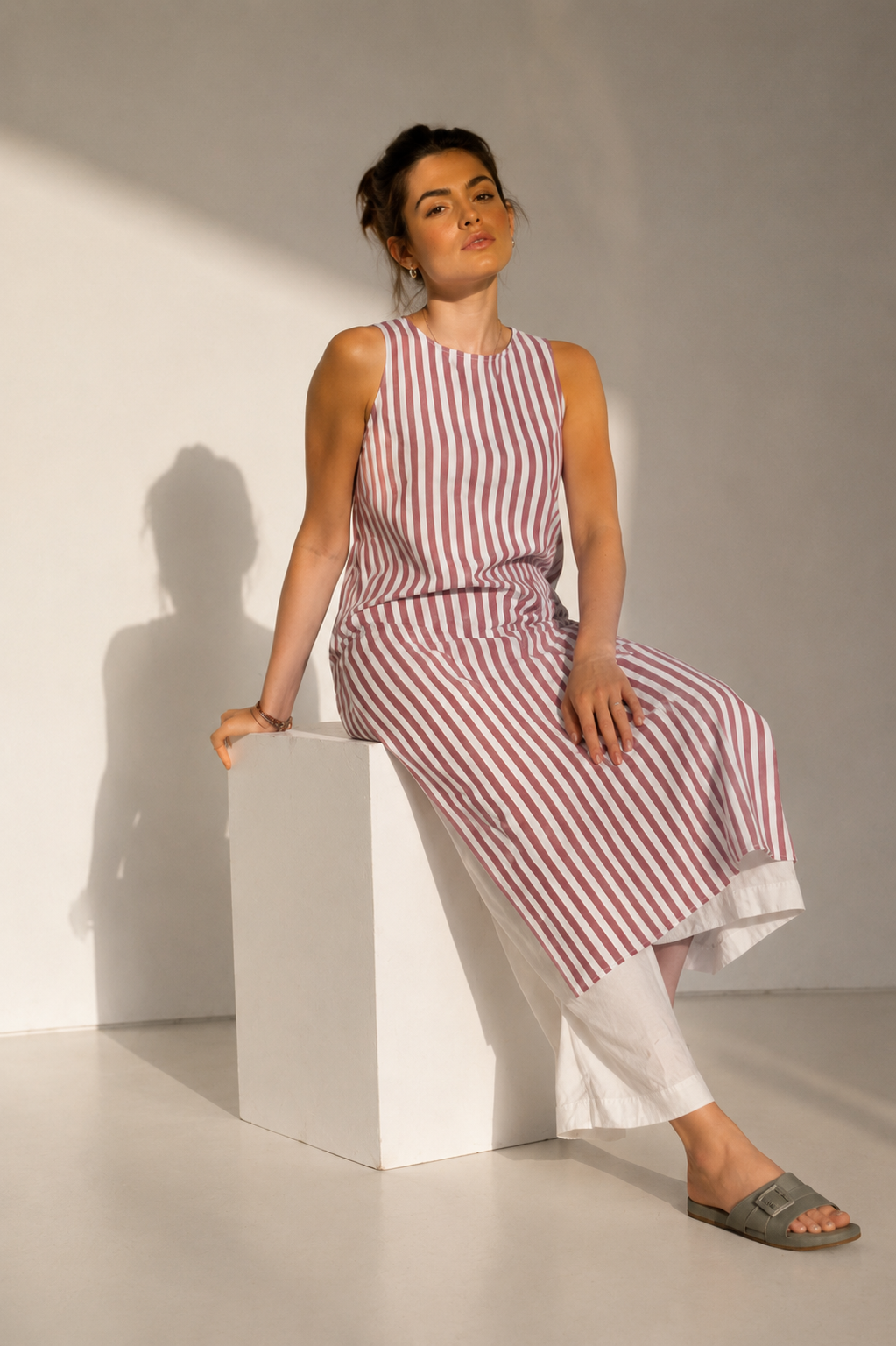 Rosewood Stripe A-Line Dress with Linen Pants