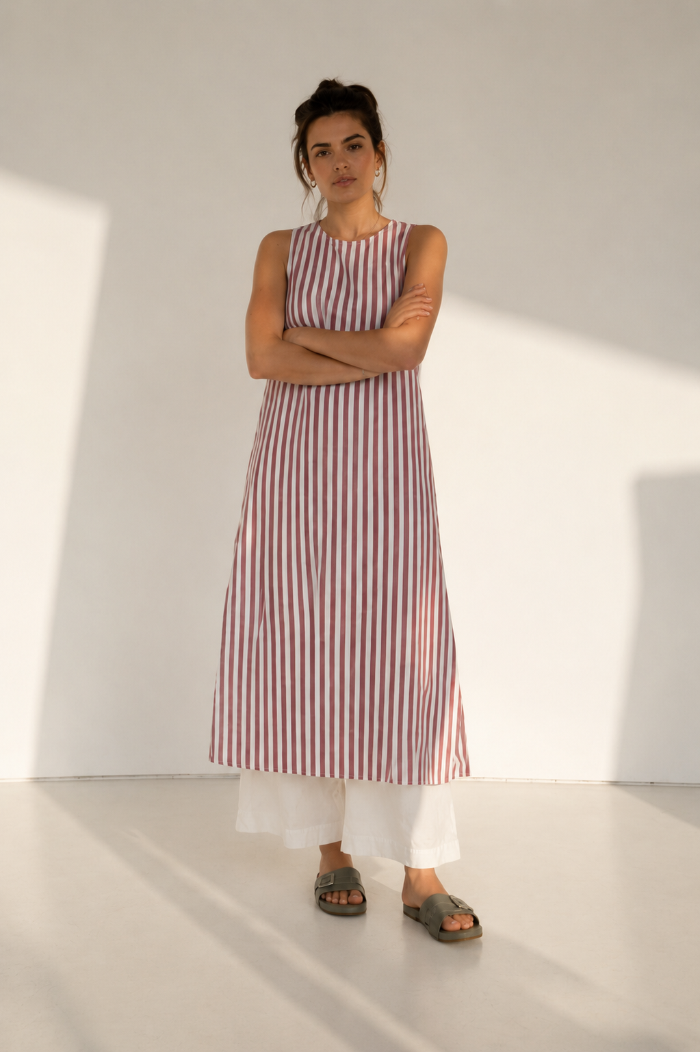 Amazing Rosewood Stripe A-Line Dress with Linen Pants worn by a model. Buy the best clothes from Thirtieth .in